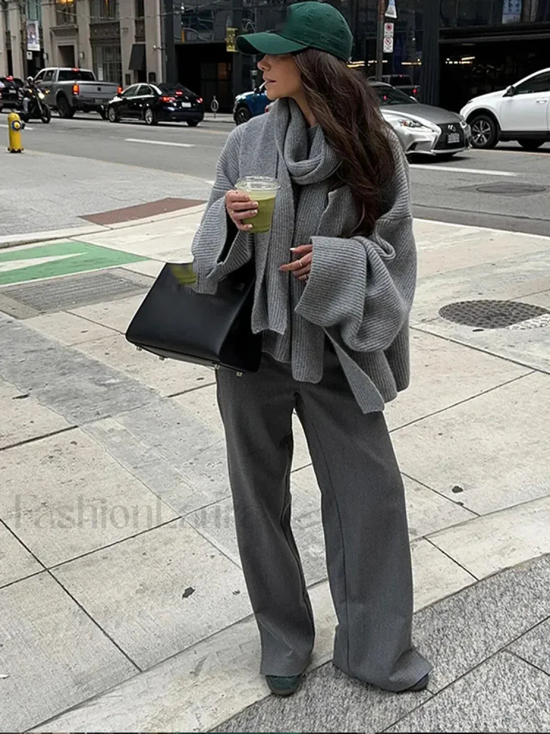 Casual Grey Cropped Oversize Women's Scarf Collar Long Sleeve Knitted Pullover Sweater Secondary image