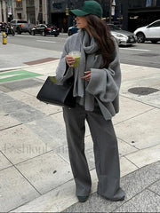 Casual Grey Cropped Oversize Women’s Scarf Collar Long Sleeve Knitted Pullover Sweater Sweaters L