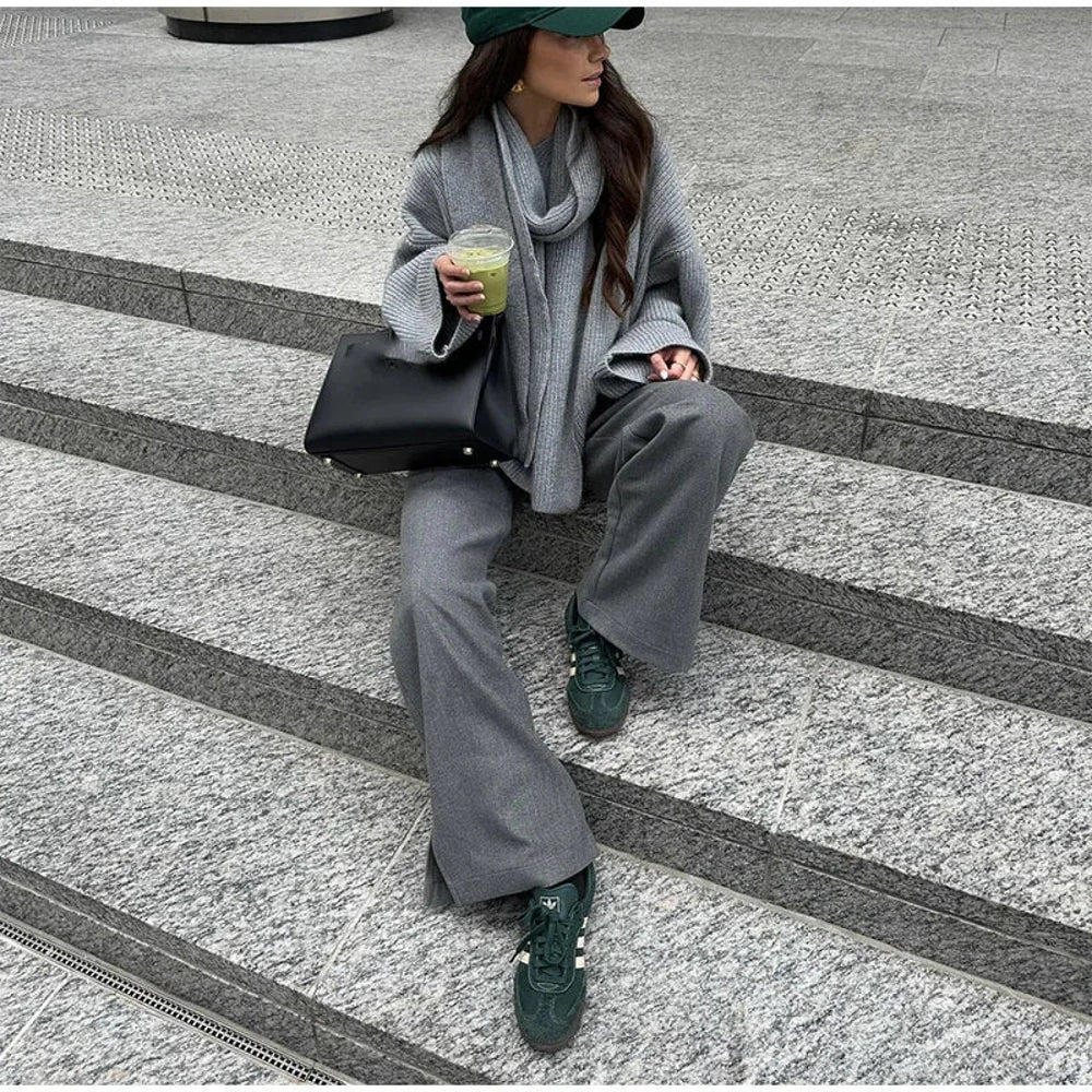 Casual Grey Cropped Oversize Women’s Scarf Collar Long Sleeve Knitted Pullover Sweater Sweaters L