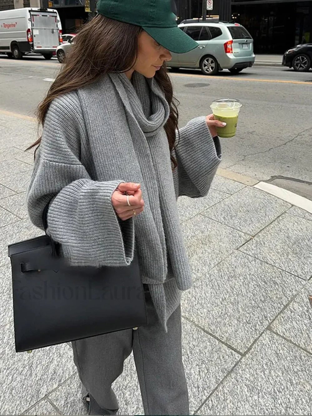 Casual Grey Cropped Oversize Women’s Scarf Collar Long Sleeve Knitted Pullover Sweater Sweaters L
