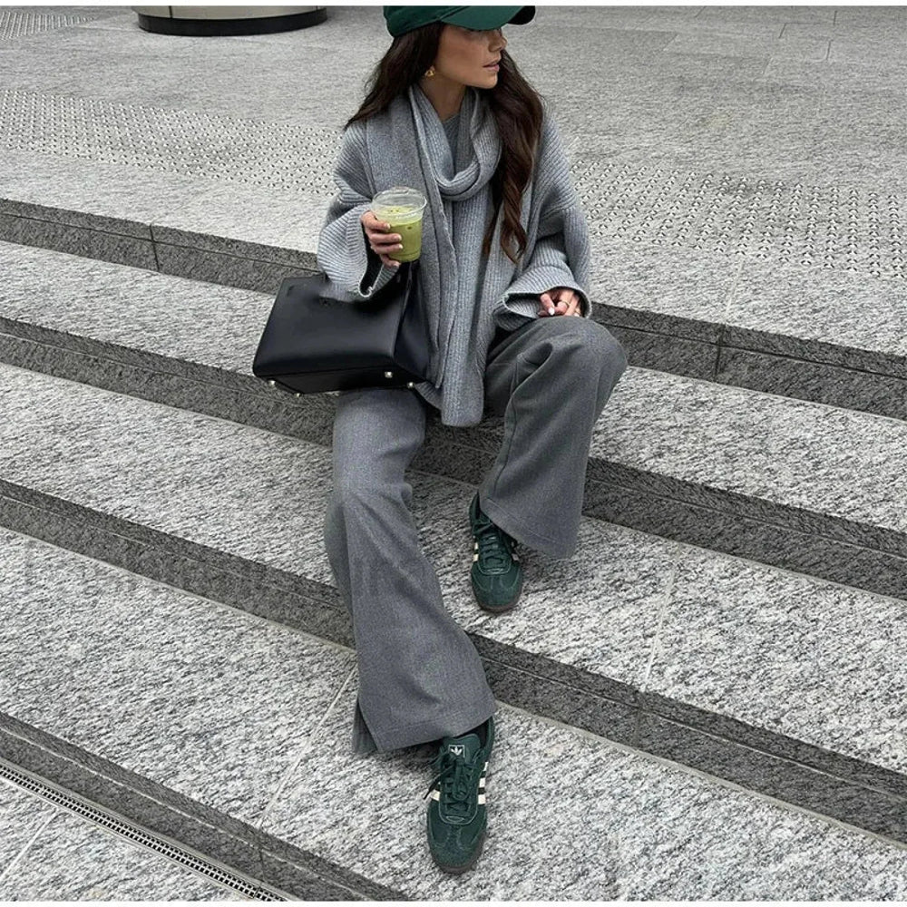 Casual Grey Cropped Oversize Women’s Scarf Collar Long Sleeve Knitted Pullover Sweater Sweaters L