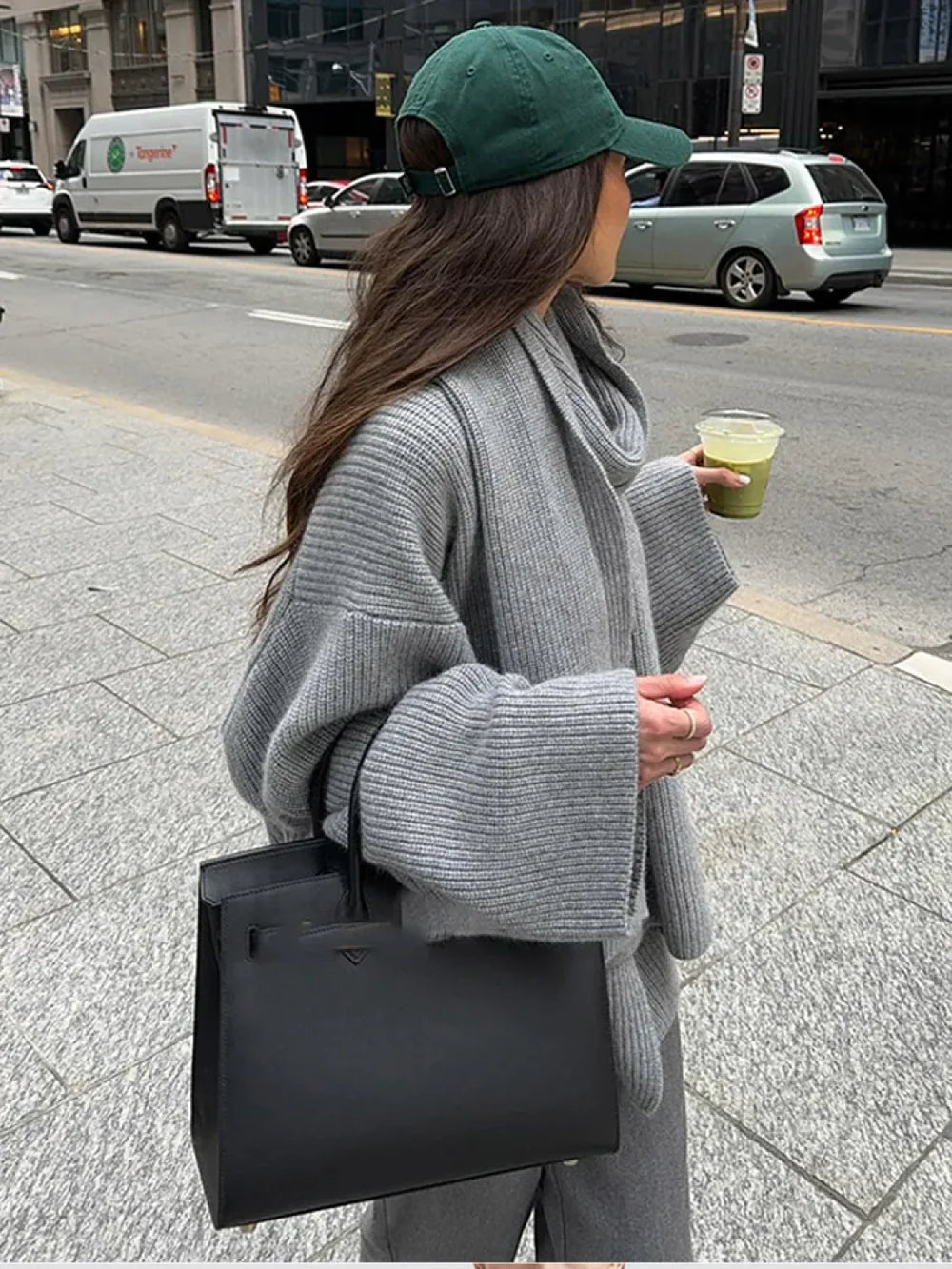 Casual Grey Cropped Oversize Women’s Scarf Collar Long Sleeve Knitted Pullover Sweater Sweaters L