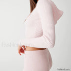 Casual Knit 00s Y2K Zipped Sweater Flower Shorts Two Piece Set