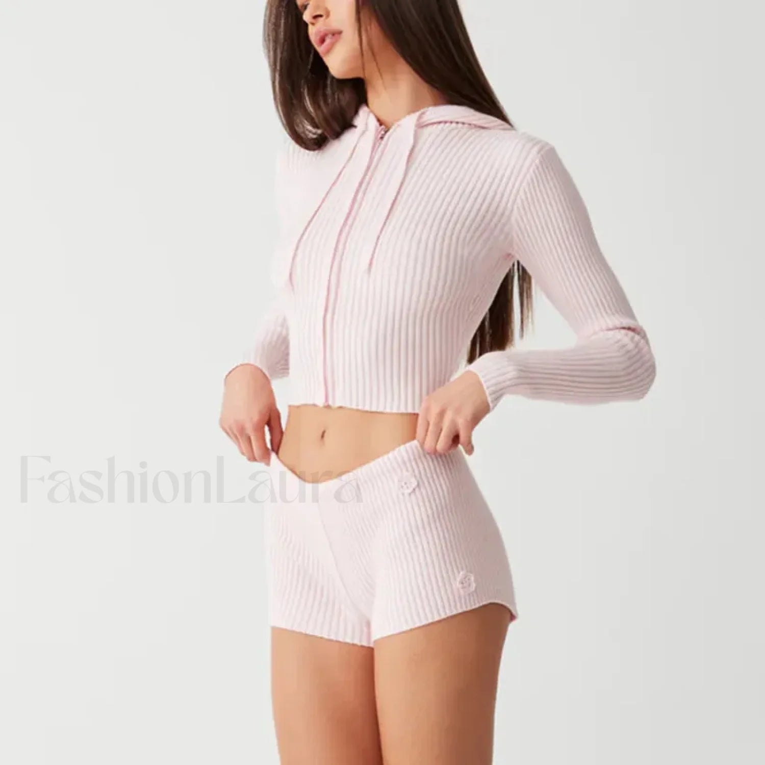 Casual Knit 00s Y2K Zipped Sweater Flower Shorts Two Piece Set Secondary image