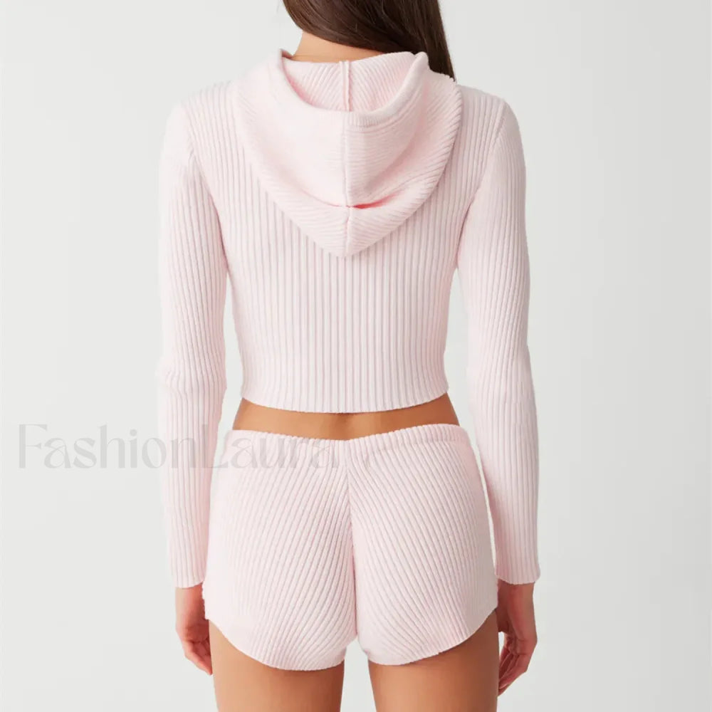 Casual Knit 00s Y2K Zipped Sweater Flower Shorts Two Piece Set