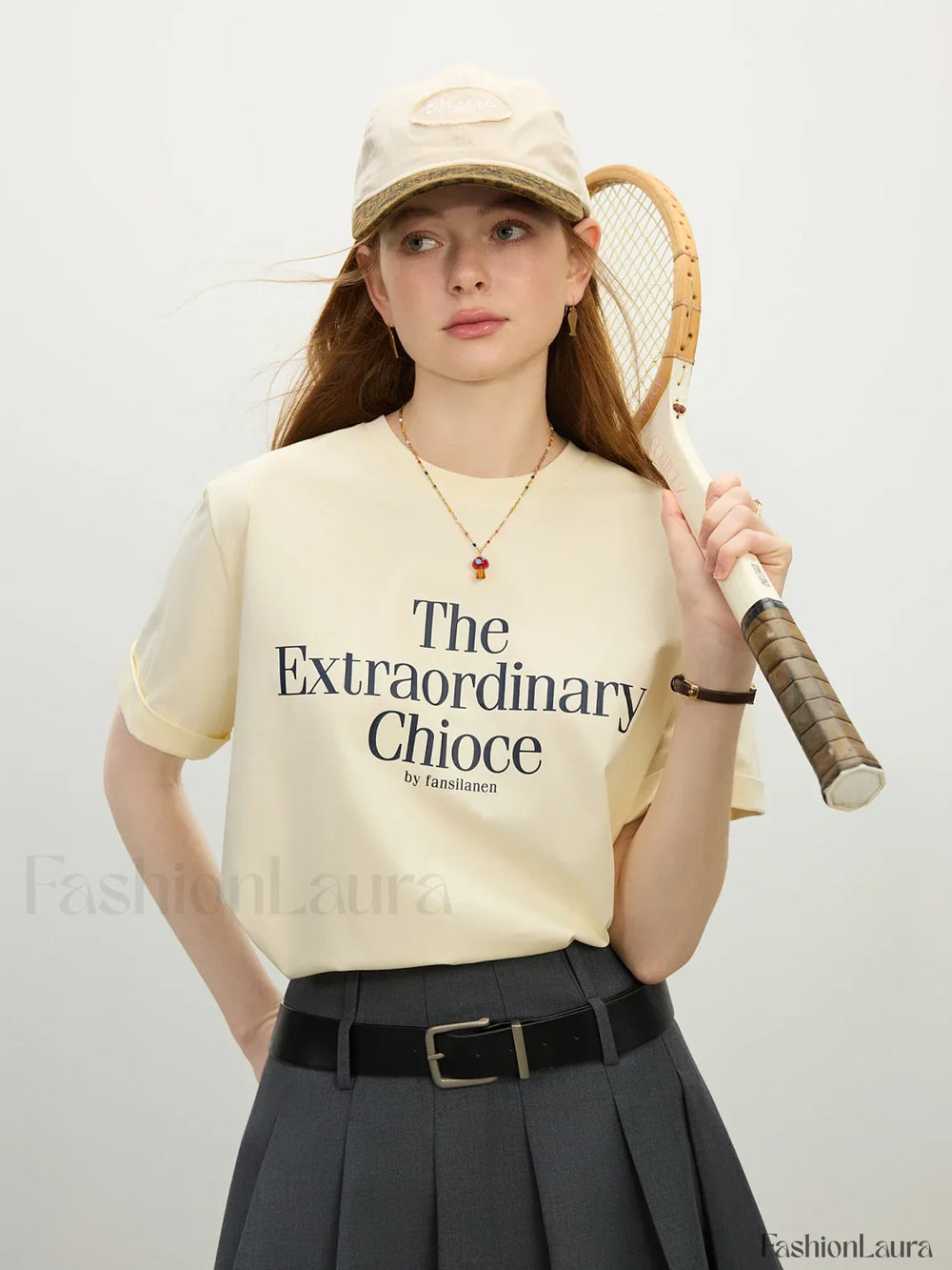 Casual Letter Round Neck Short T Shirt Beige / XS