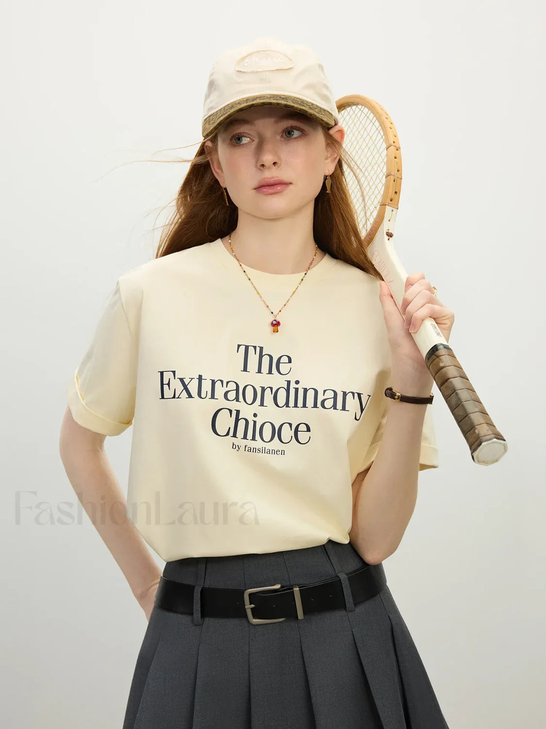 Casual Letter Round Neck Short T Shirt Beige / XS Main image