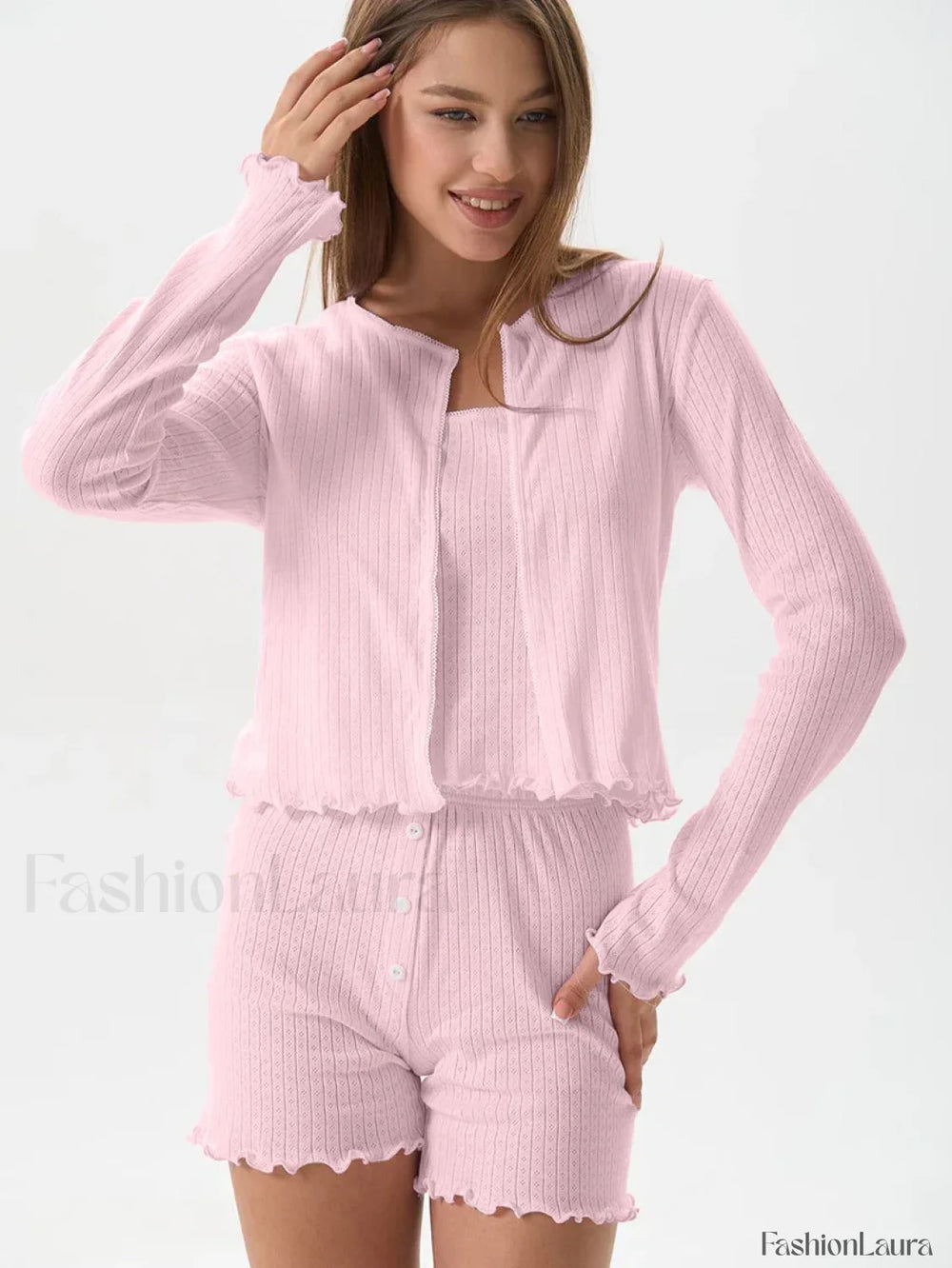 Casual Long Sleeve Robe Shorts Two Piece Set Pink / S
