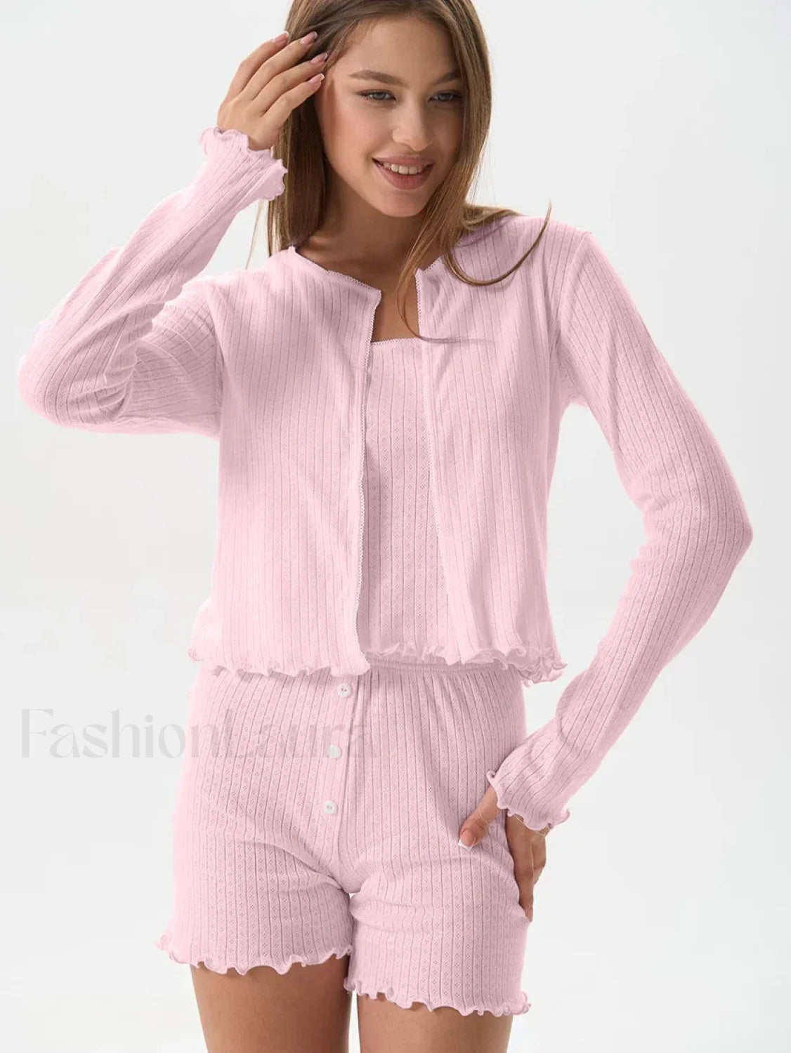 Casual Long Sleeve Robe Shorts Two Piece Set Pink / S