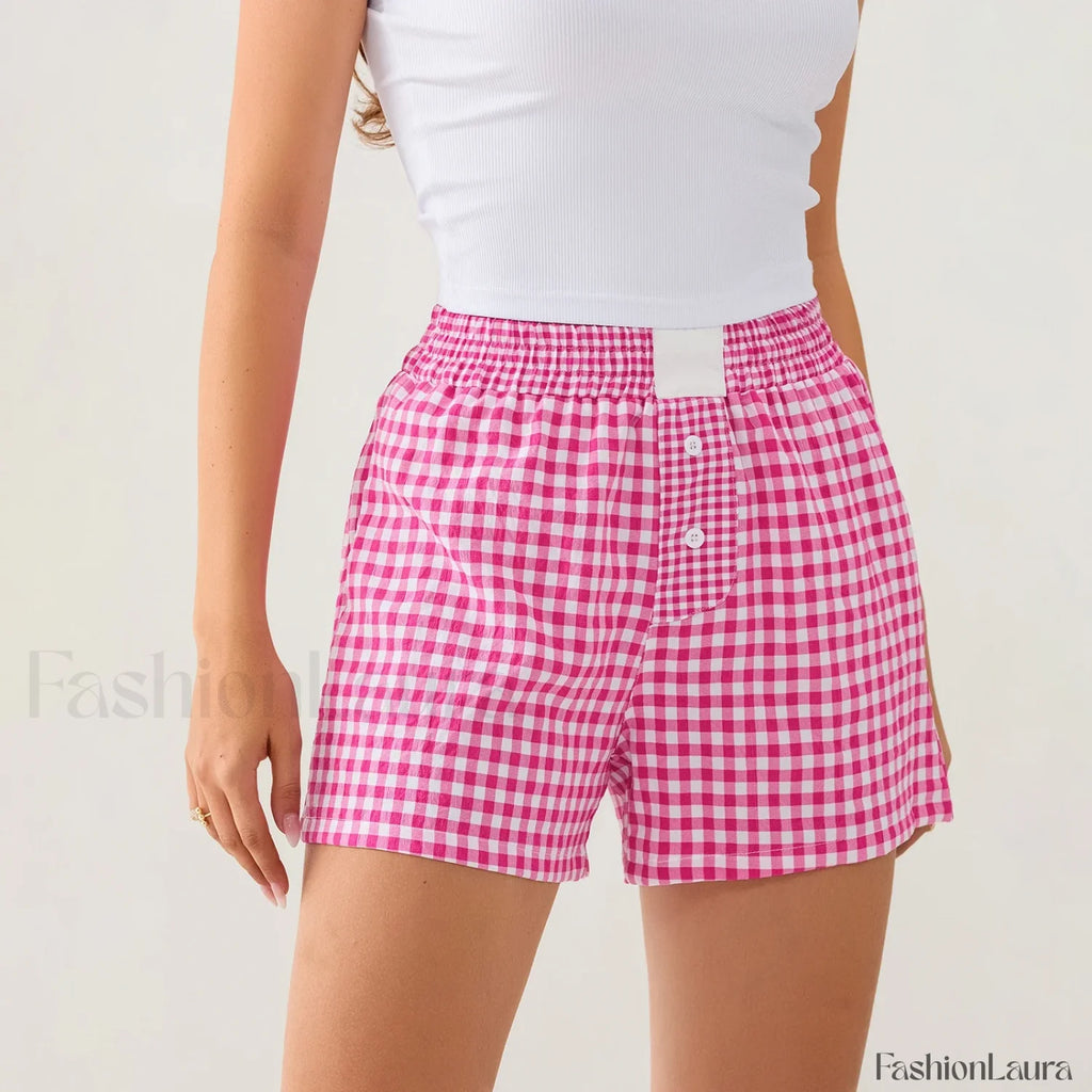 Casual Plaid Button Contrast Color Elastic Waist Summer Short Rose Red / S