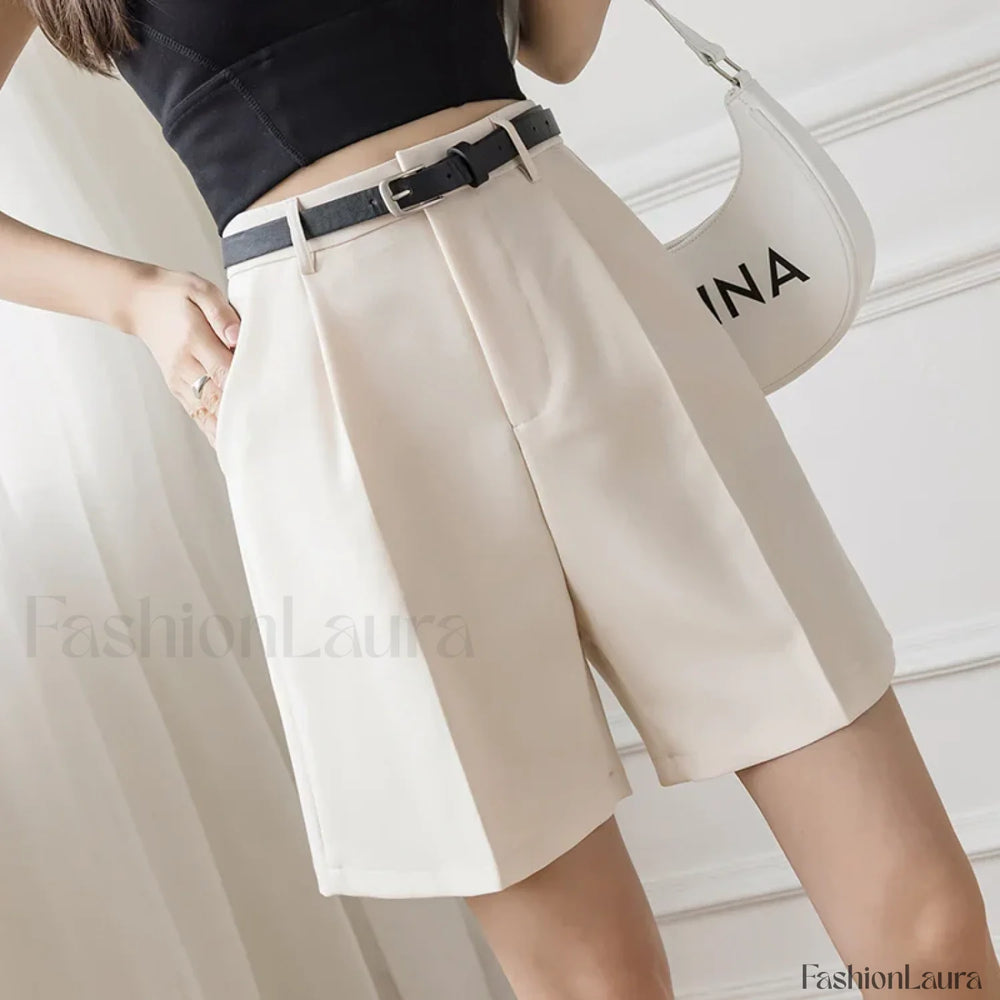 Casual Solid Color High Waist Zipper Shorts Beige / S
