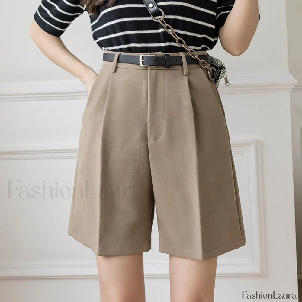 Casual Solid Color High Waist Zipper Shorts Khaki / S