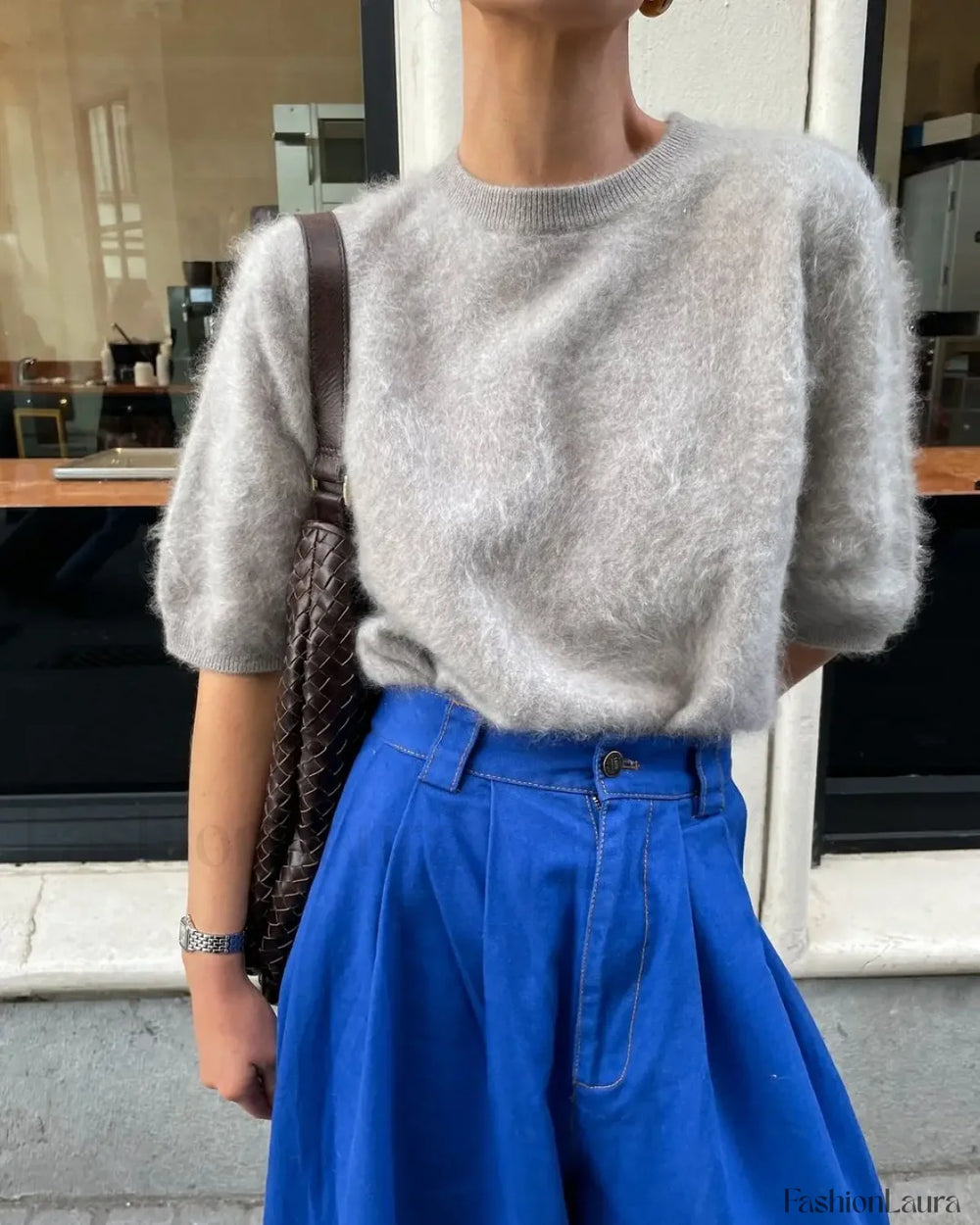 Casual Solid Color Short Sleeve Women’s Elegant Round Neck Loose Sweater Light gray / S Sweaters L