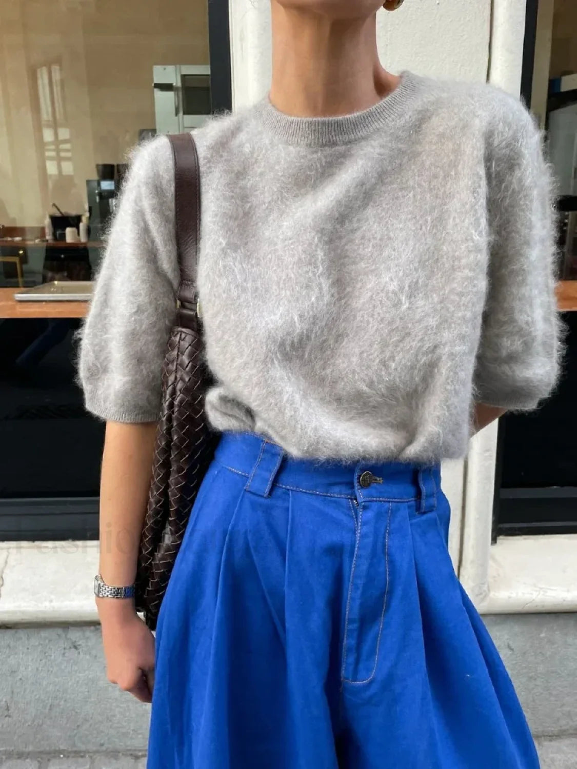 Casual Solid Color Short Sleeve Women’s Elegant Round Neck Loose Sweater Sweaters L