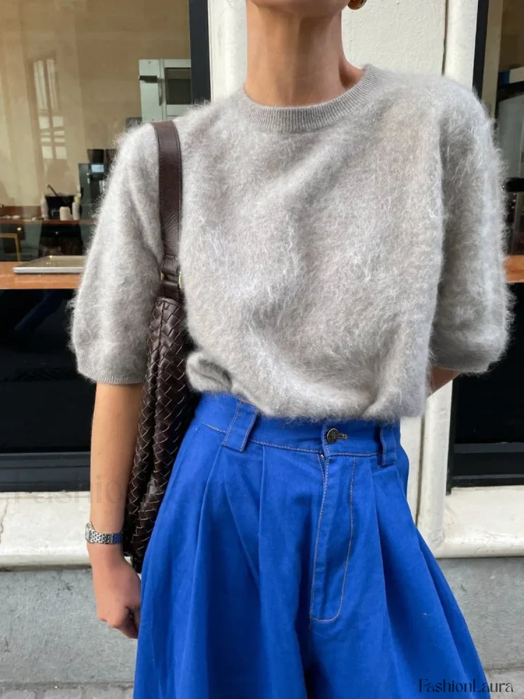 Casual Solid Color Short Sleeve Women’s Elegant Round Neck Loose Sweater Sweaters L