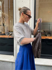 Casual Solid Color Short Sleeve Women’s Elegant Round Neck Loose Sweater Sweaters L