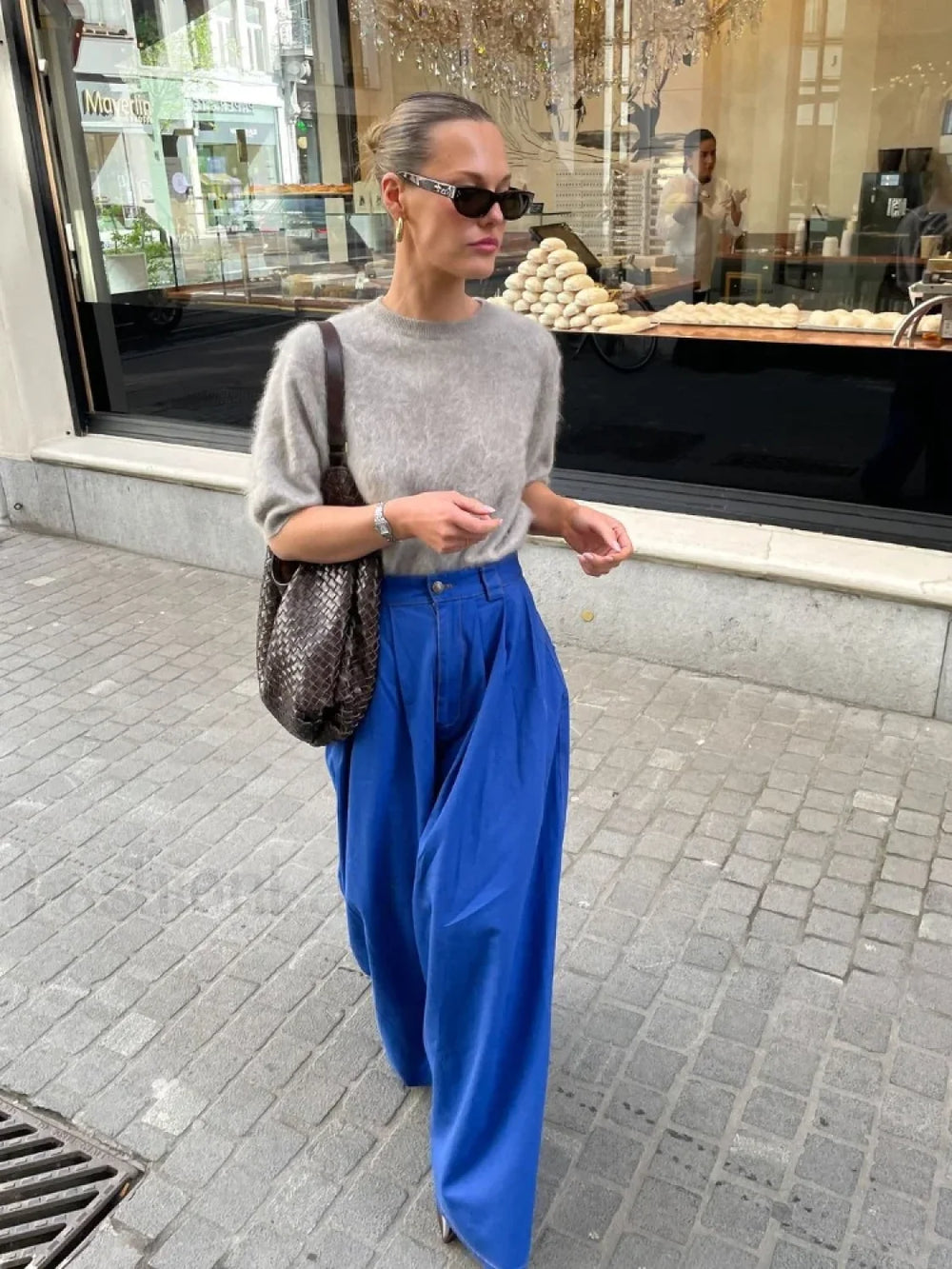 Casual Solid Color Short Sleeve Women’s Elegant Round Neck Loose Sweater Sweaters L