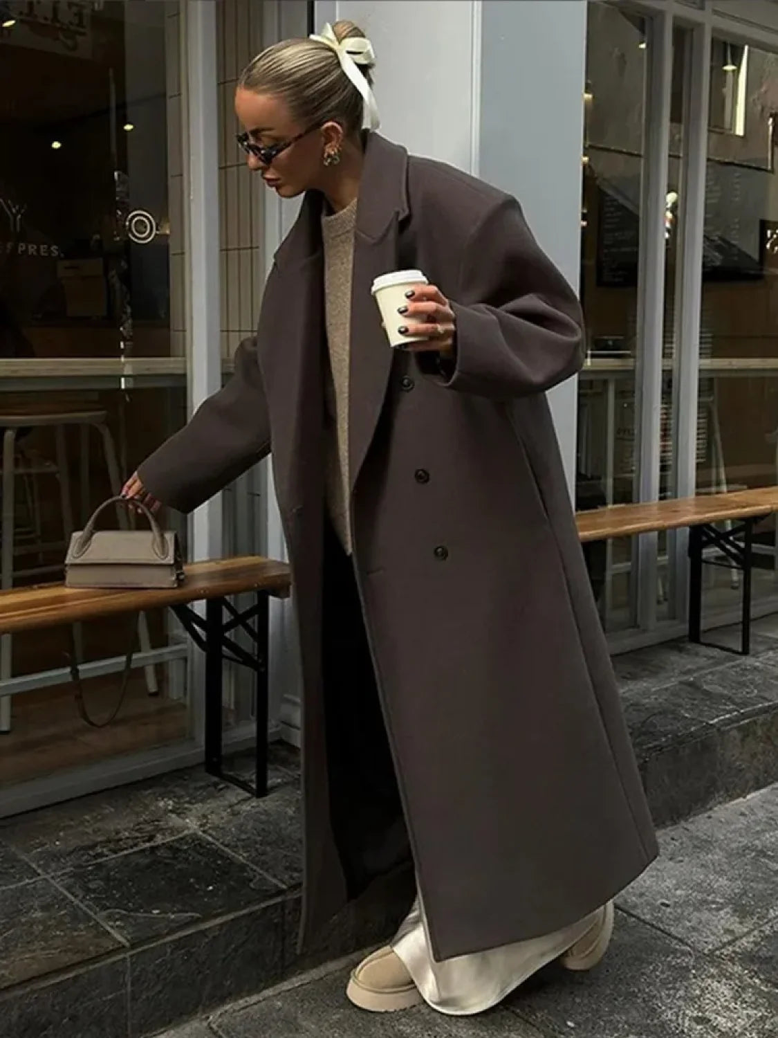 Casual Solid Double Breasted Long Overcoats Main image