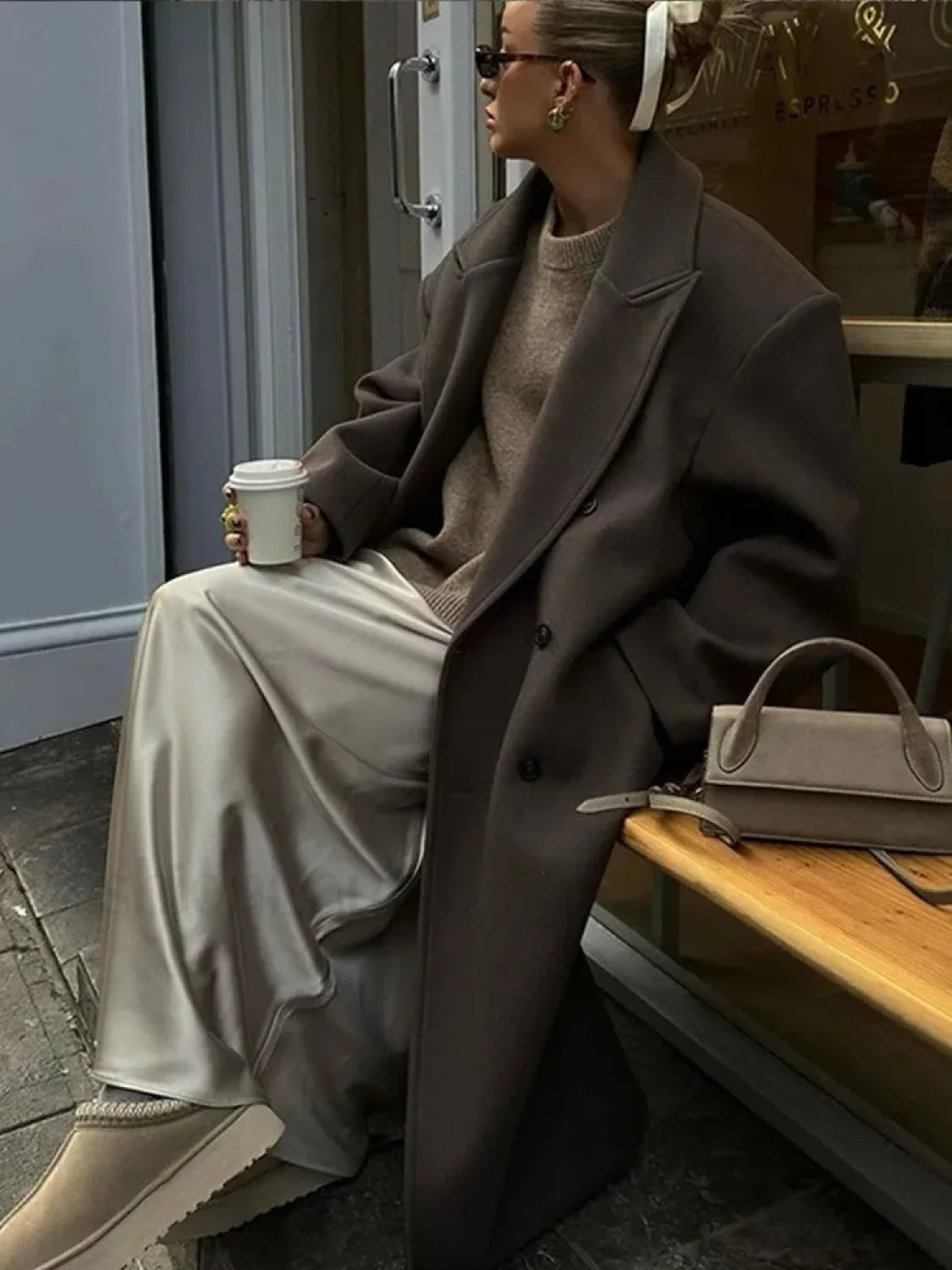 Casual Solid Double-Breasted Long Overcoats Secondary image