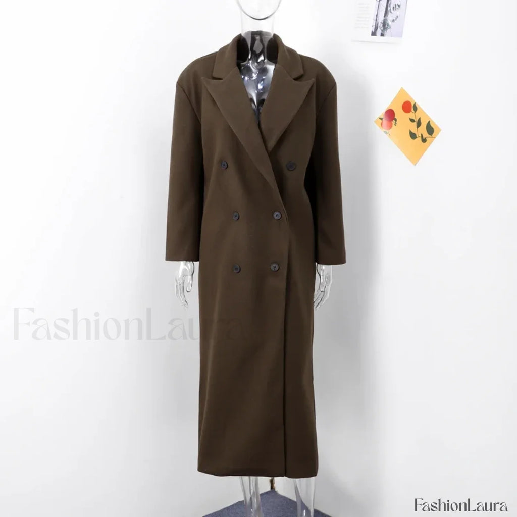 Casual Solid Double Breasted Long Overcoats Dark Brown / S