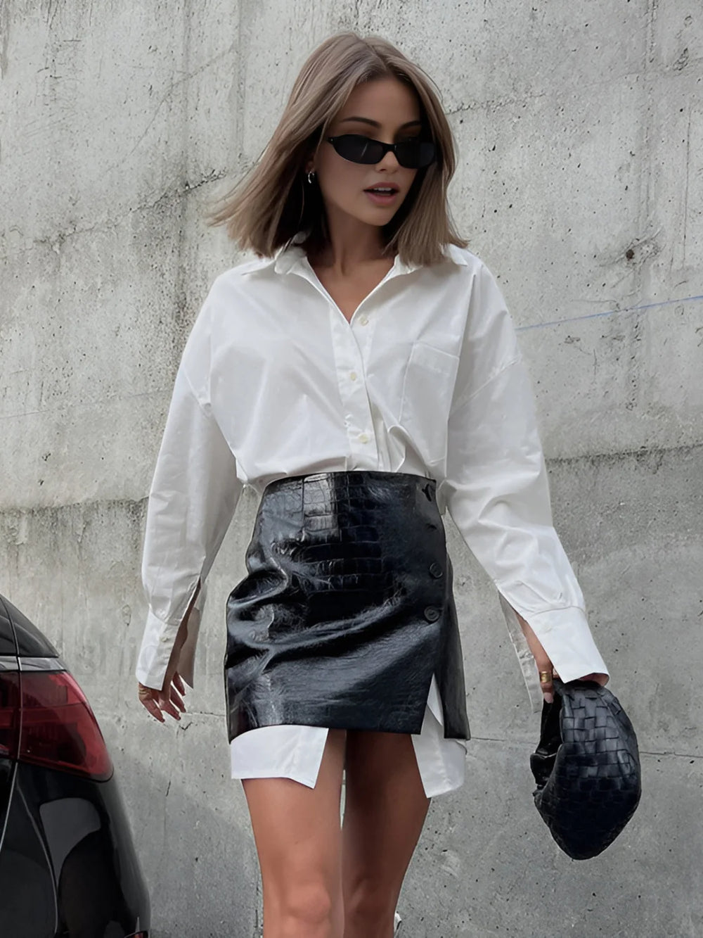 Casual Solid Shirt With Faux Leather Mini Skirt Set Skirt Sets