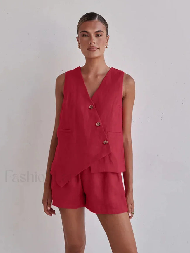 Casual Spaghetti Strap Crop Shorts Two Piece Set Red / S Main image