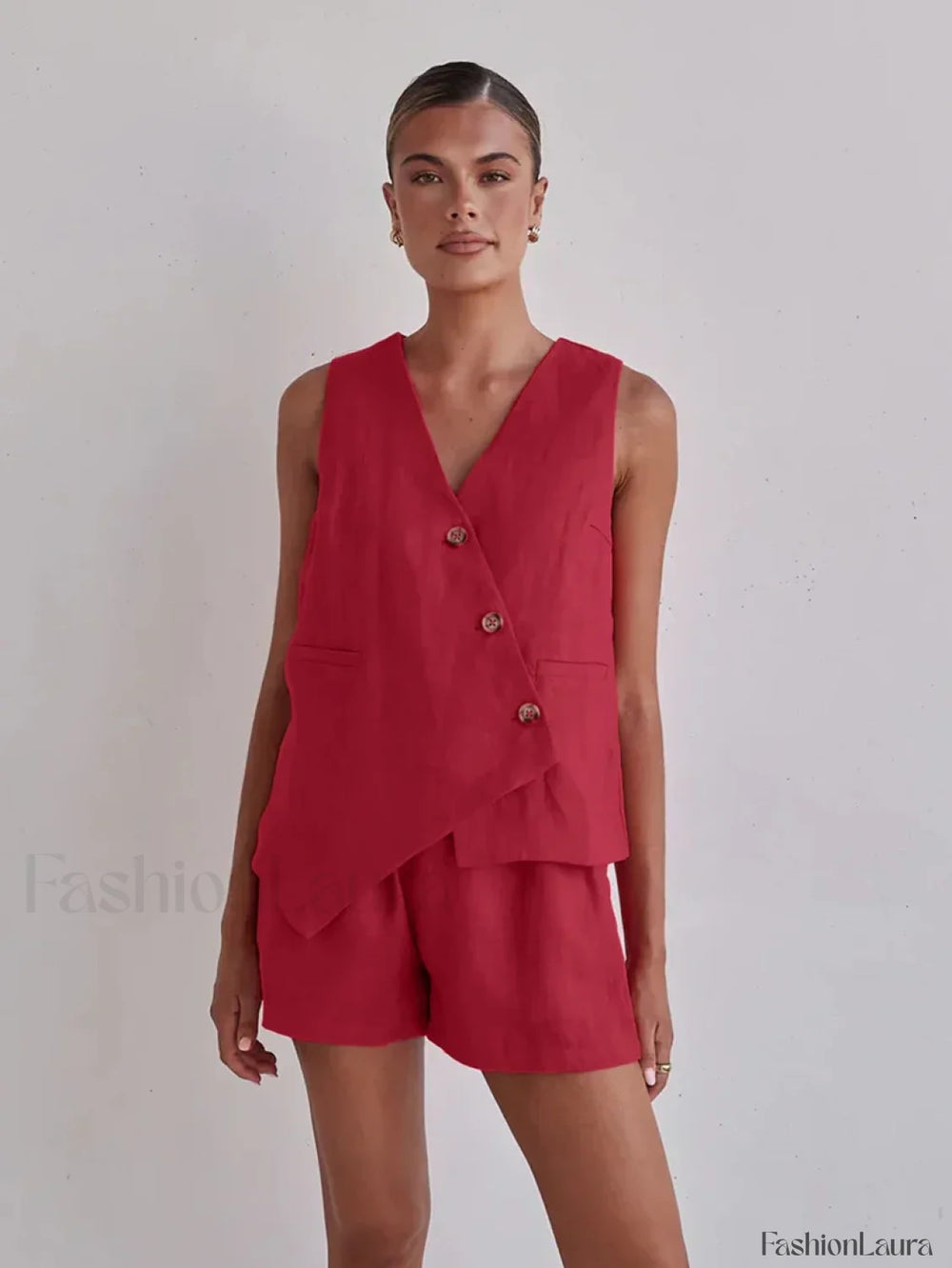 Casual Spaghetti Strap Crop Shorts Two Piece Set Red / S