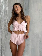 Casual Spaghetti Strap Lace Shorts Two Piece Set Pink / S