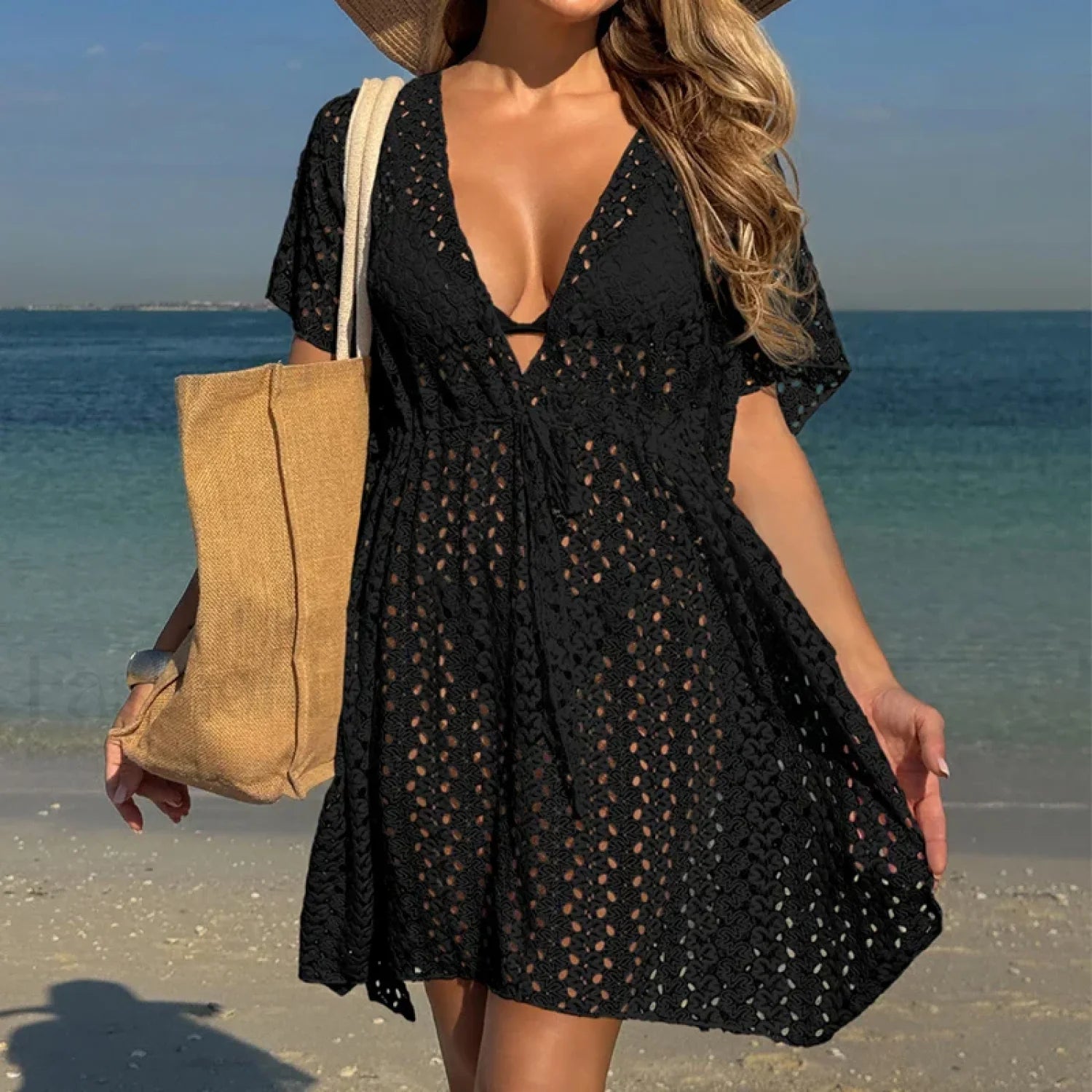 Casual Strap Hollow Knit Cover Up Black / One Size