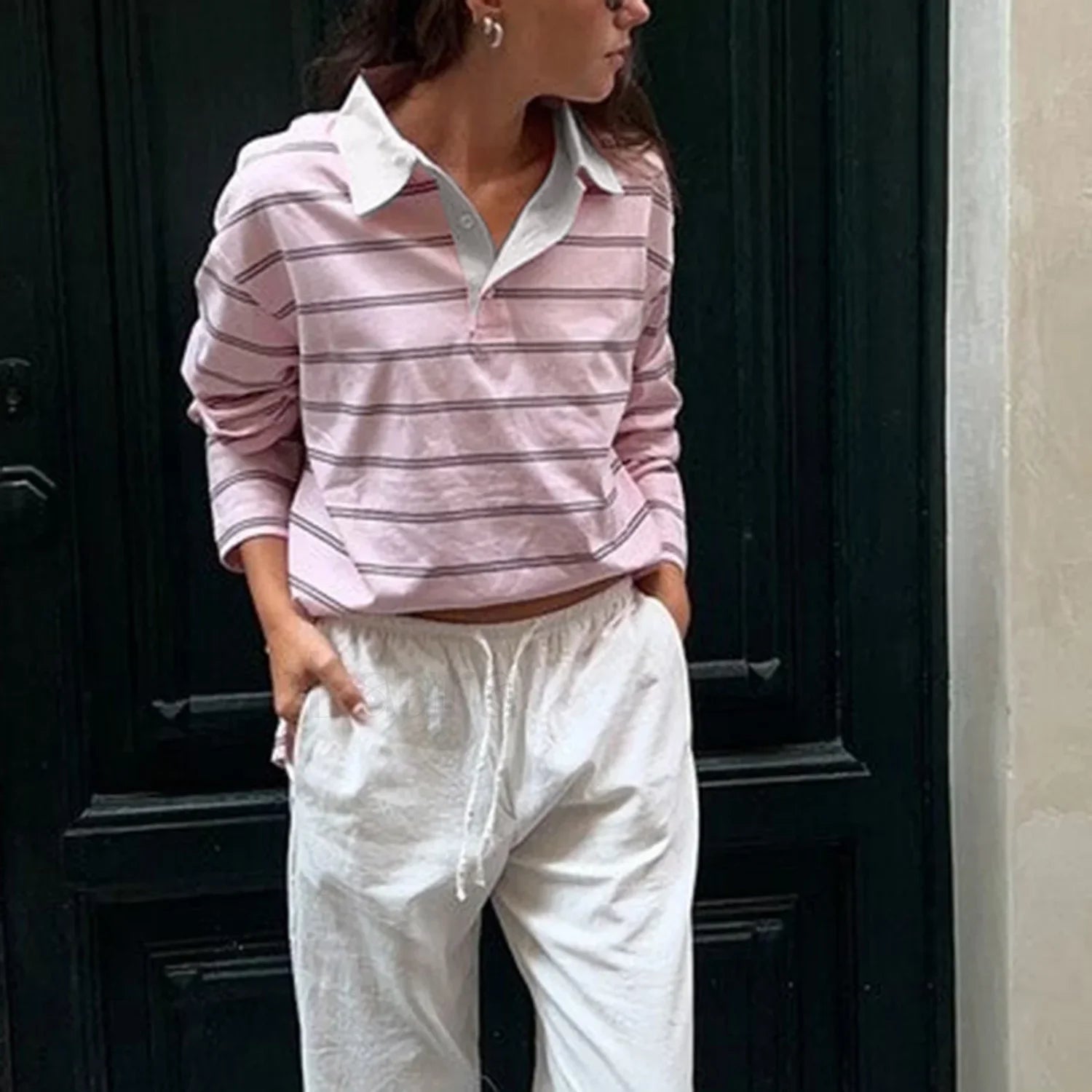 Casual Striped Long Sleeve T Shirt Pink / S Main image