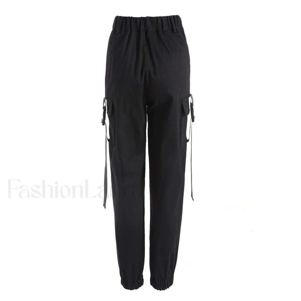 Casual Style Buckled Cargo Pocket High Waist Harem Pants Black Pants