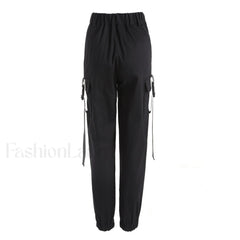 Casual Style Buckled Cargo Pocket High Waist Harem Pants Black Pants