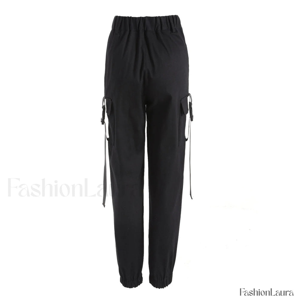 Casual Style Buckled Cargo Pocket High Waist Harem Pants Black Pants