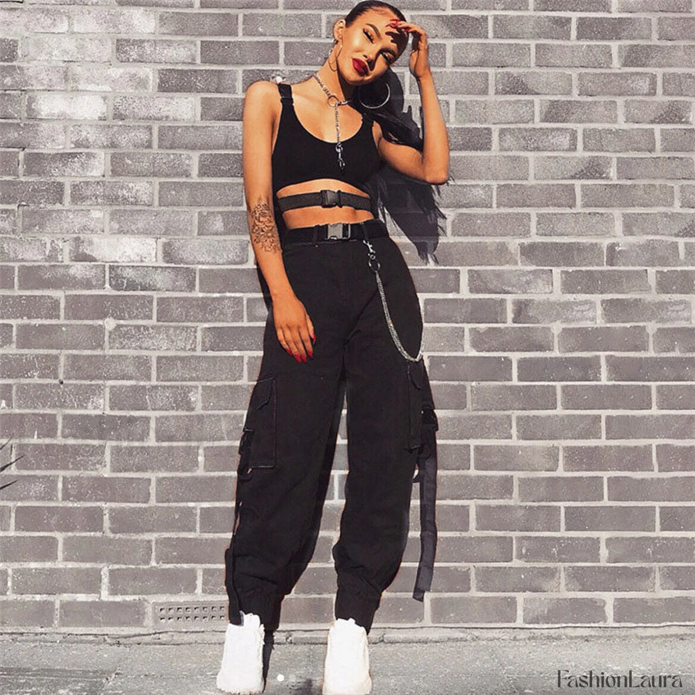 Casual Style Buckled Cargo Pocket High Waist Harem Pants Black M / Black Pants