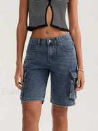 Casual Summer Denim Mid Rise Button Jeans Short Blue / S