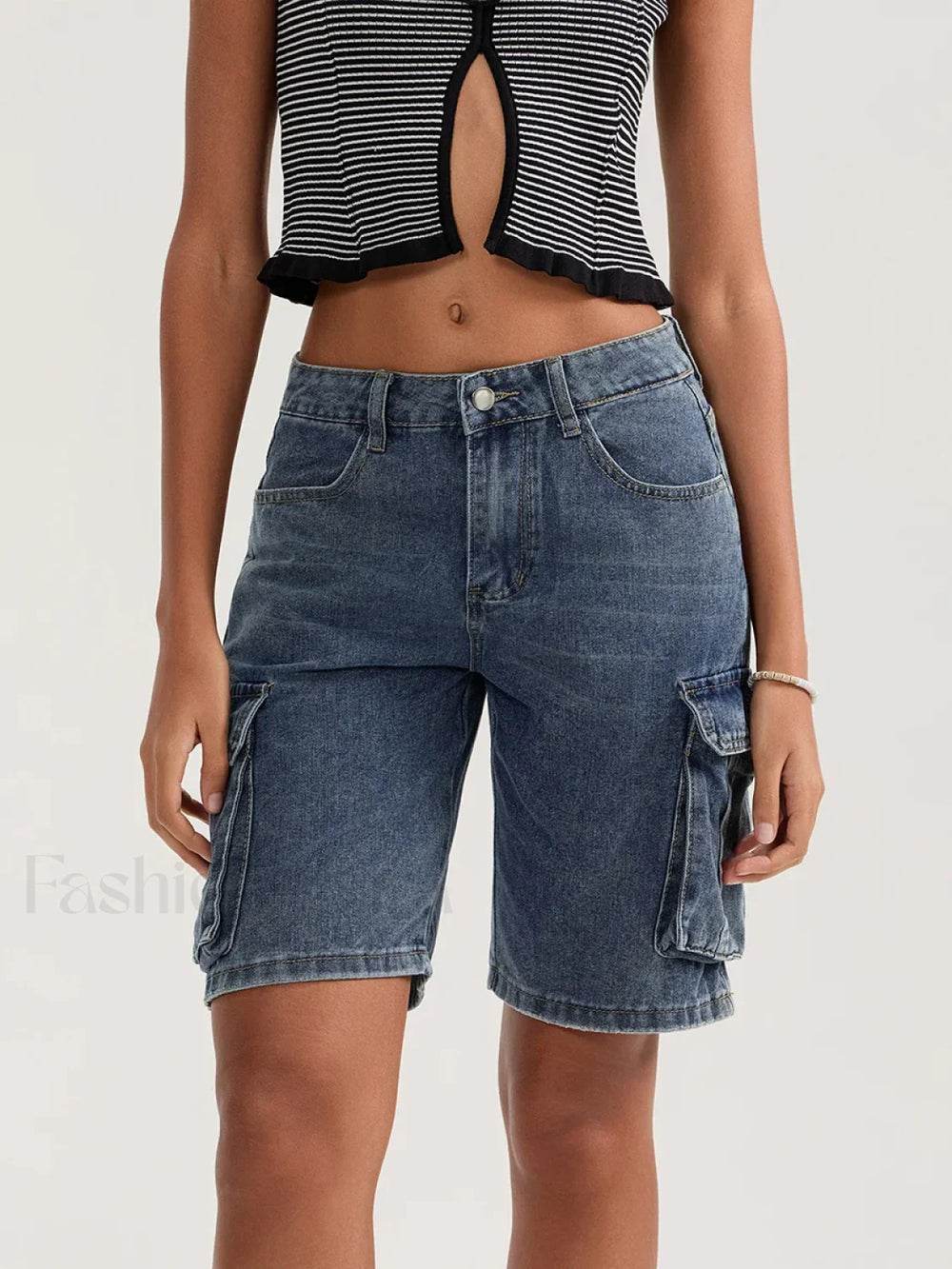 Casual Summer Denim Mid Rise Button Jeans Short Blue / S