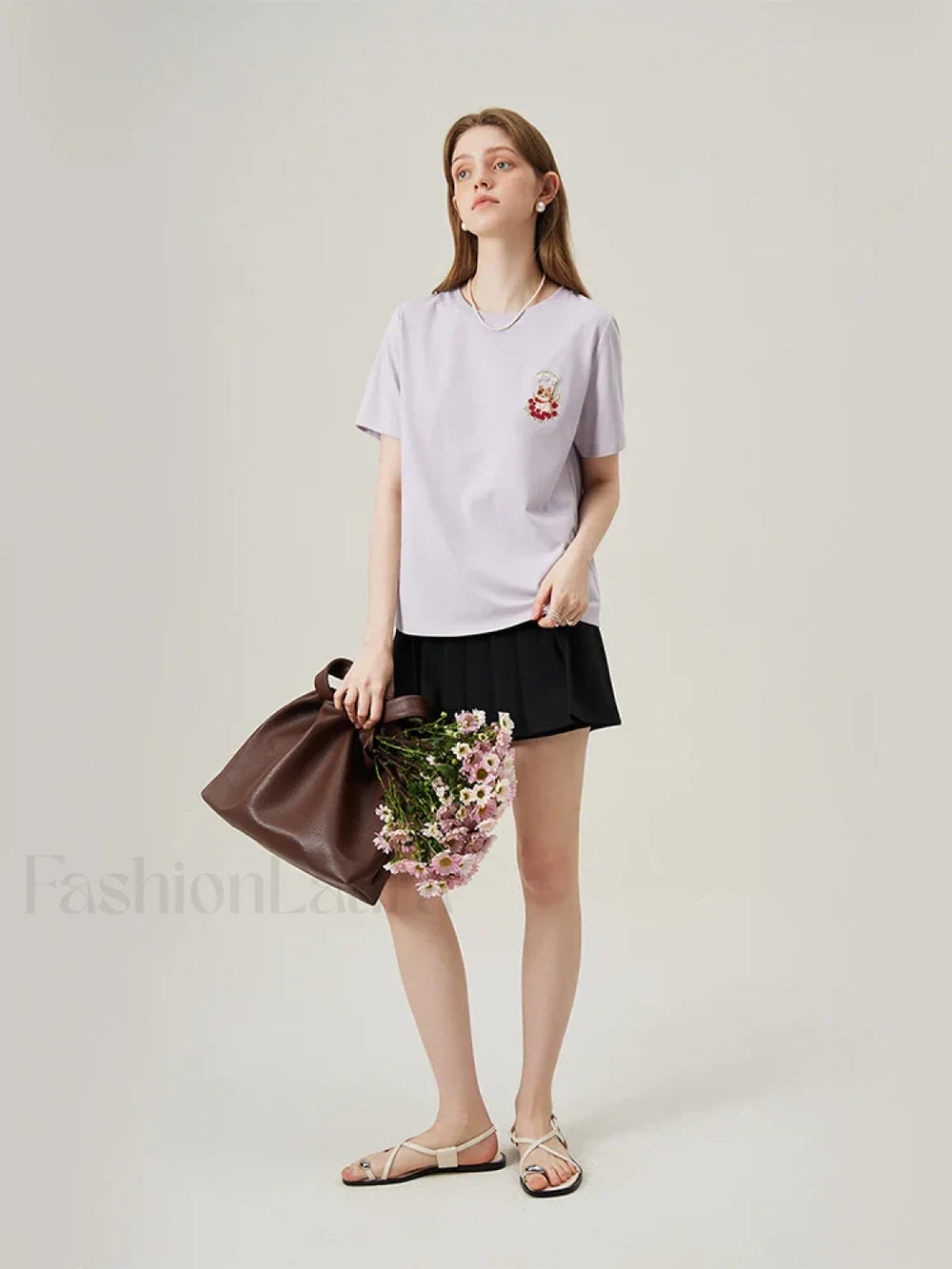 Cat Embroidered Korean Loose T Shirt PURPLE / XS