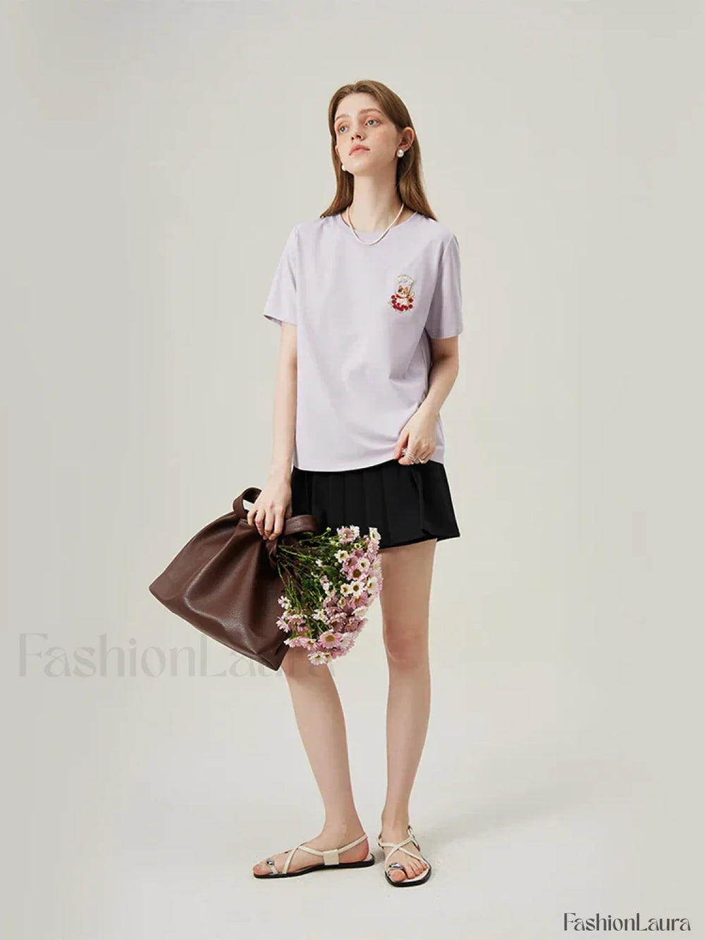 Cat Embroidered Korean Loose T Shirt PURPLE / XS