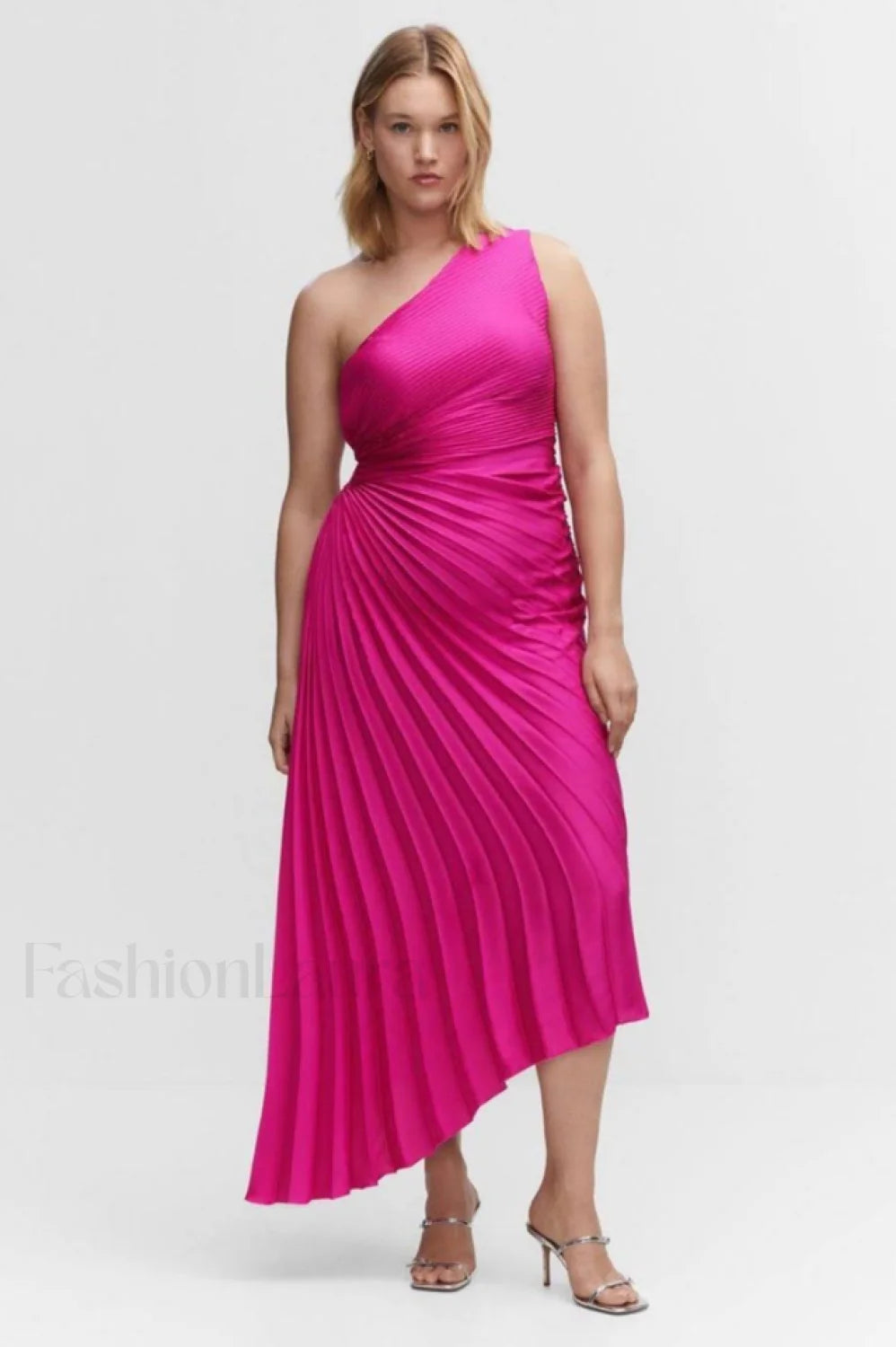 Catalina One Shoulder Charming Pleated Satin Dress XS / Fuchsia