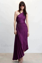Catalina One Shoulder Charming Pleated Satin Dress XS / Grapefruit