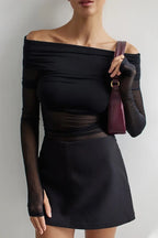 Off Shoulder Sheer Mesh Slim Fit Long Sleeve Tee