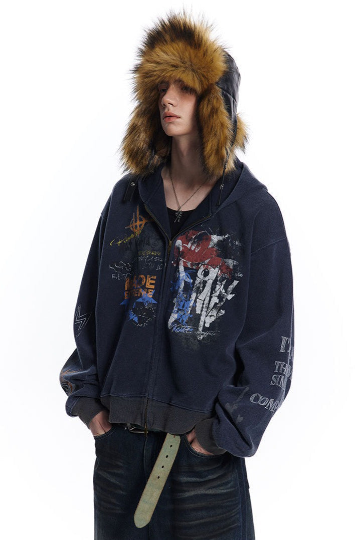 Graffiti Print Full Zip Oversized Hoodie