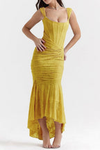 Ruched Lace Corset Asymmetric Formal Dress