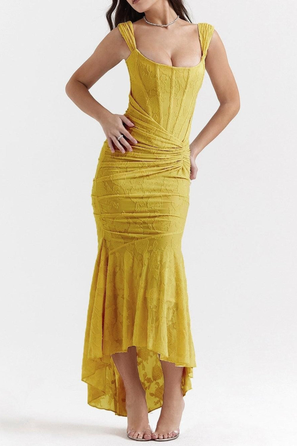 Ruched Lace Corset Asymmetric Formal Dress