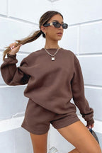 Solid Crew Neck Sweatshirt Shorts Set