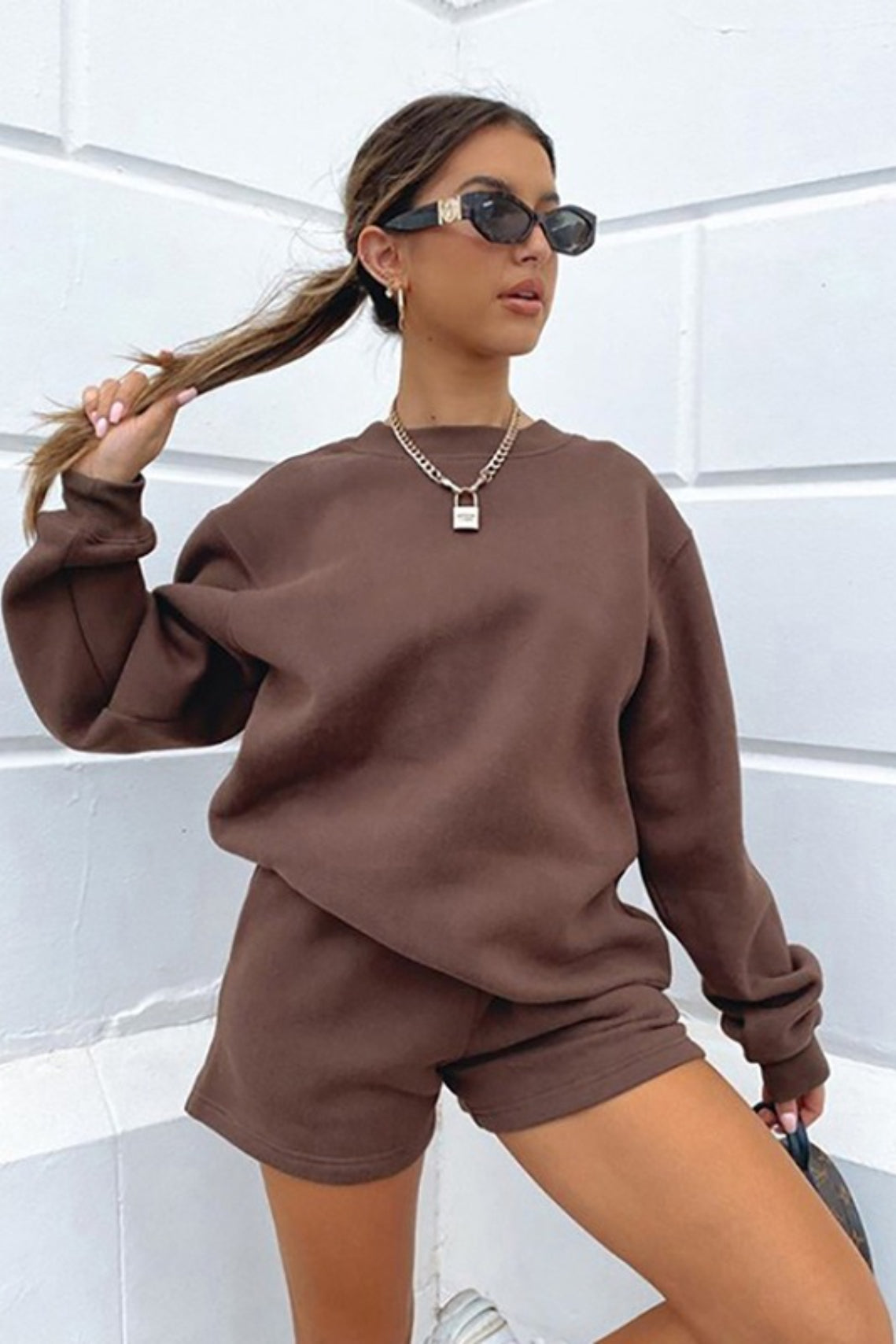 Solid Crew Neck Sweatshirt Shorts Set