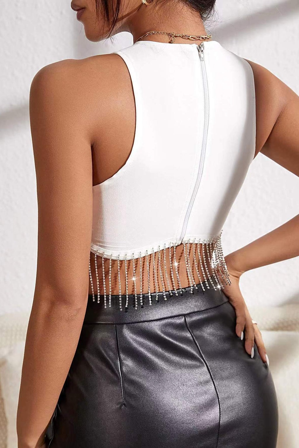 Rhinestone Fringe Trim Sleeveless Crop Top