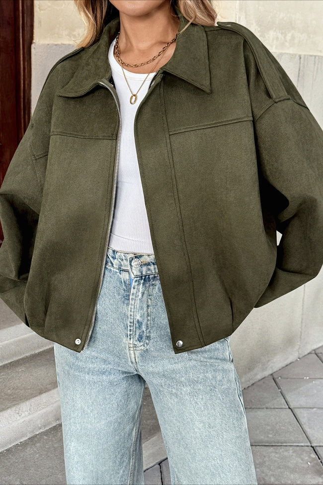 Lapel Collar Suede-Look Bomber Jacket S / Green Main image