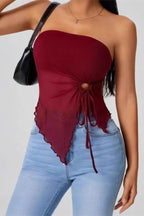Asymmetric Strapless Tie Front Tube Top