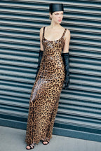 Leopard Sequin Sheer Cape Spaghetti Strap Backless Prom Dress